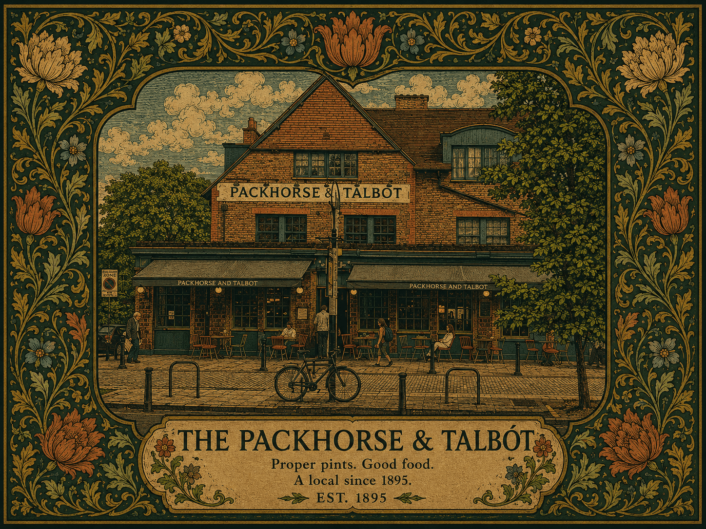 Packhorse & Talbot — William Morris style portrait